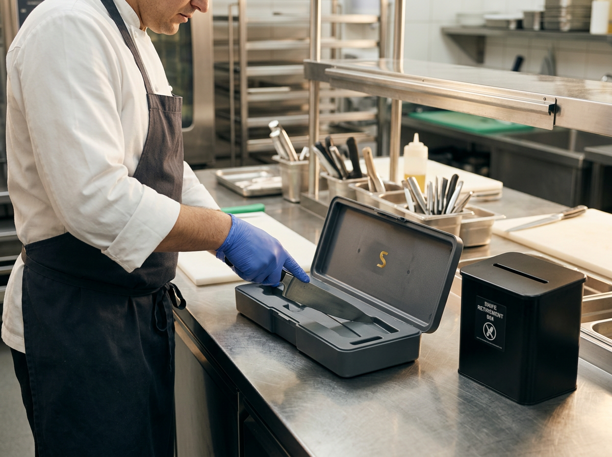 A restaurant worker placing a kitchen knife into a protective Service Line transport case