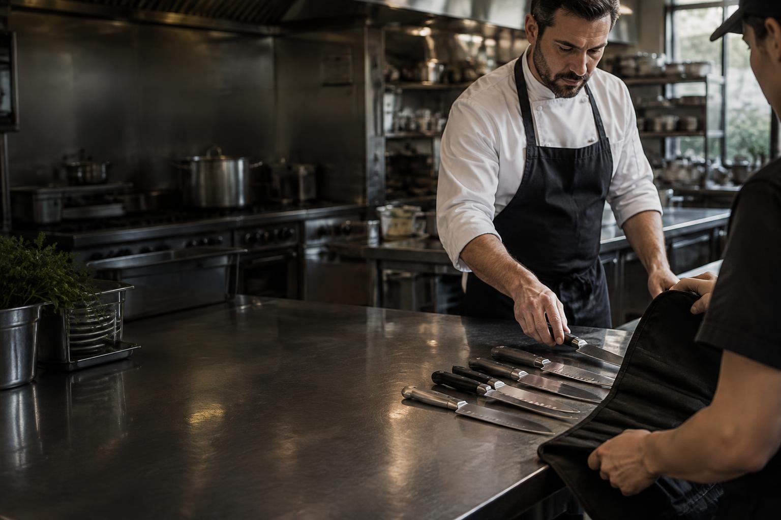 Chef preparing knives for collection in a commercial kitchen