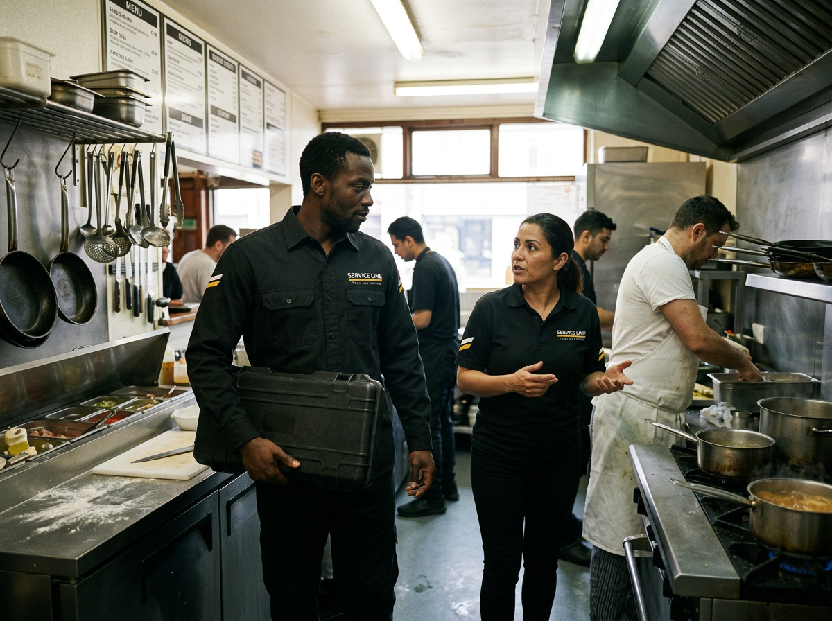 Service Line uniformed team speaking with a restaurant kitchen operator