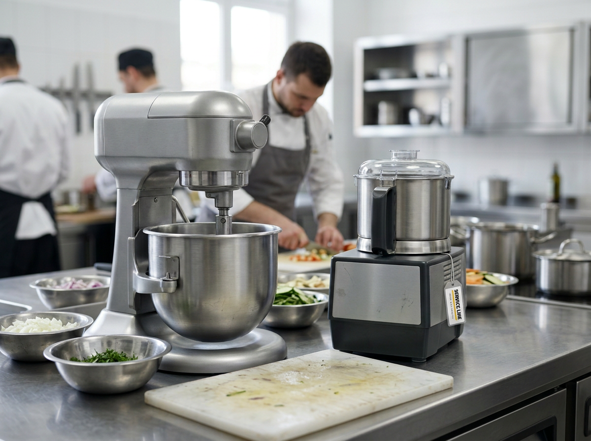 Commercial mixer and food processor in use on a restaurant prep counter