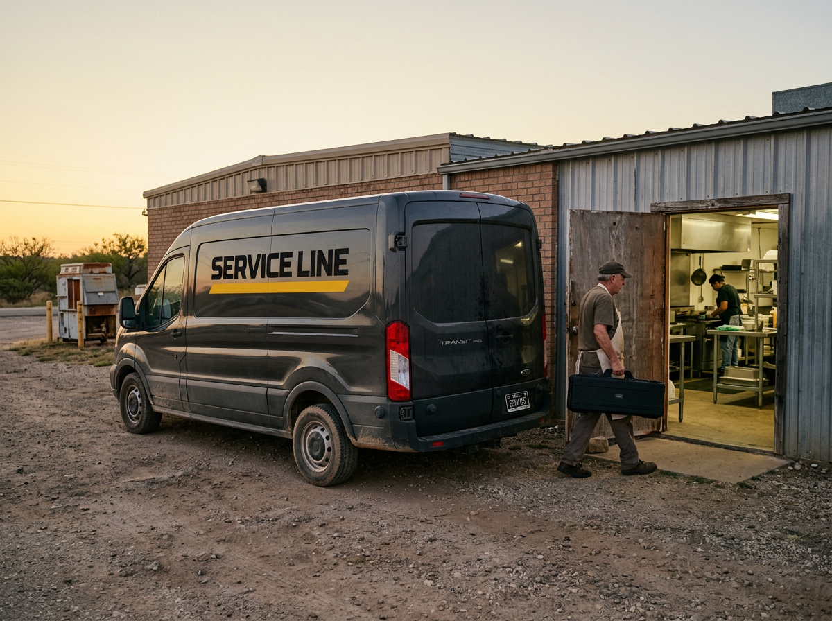 Service Line delivery van arriving at a working restaurant kitchen