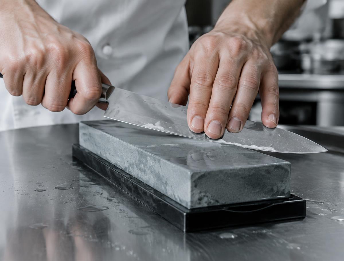 A kitchen knife being sharpened on a whetstone